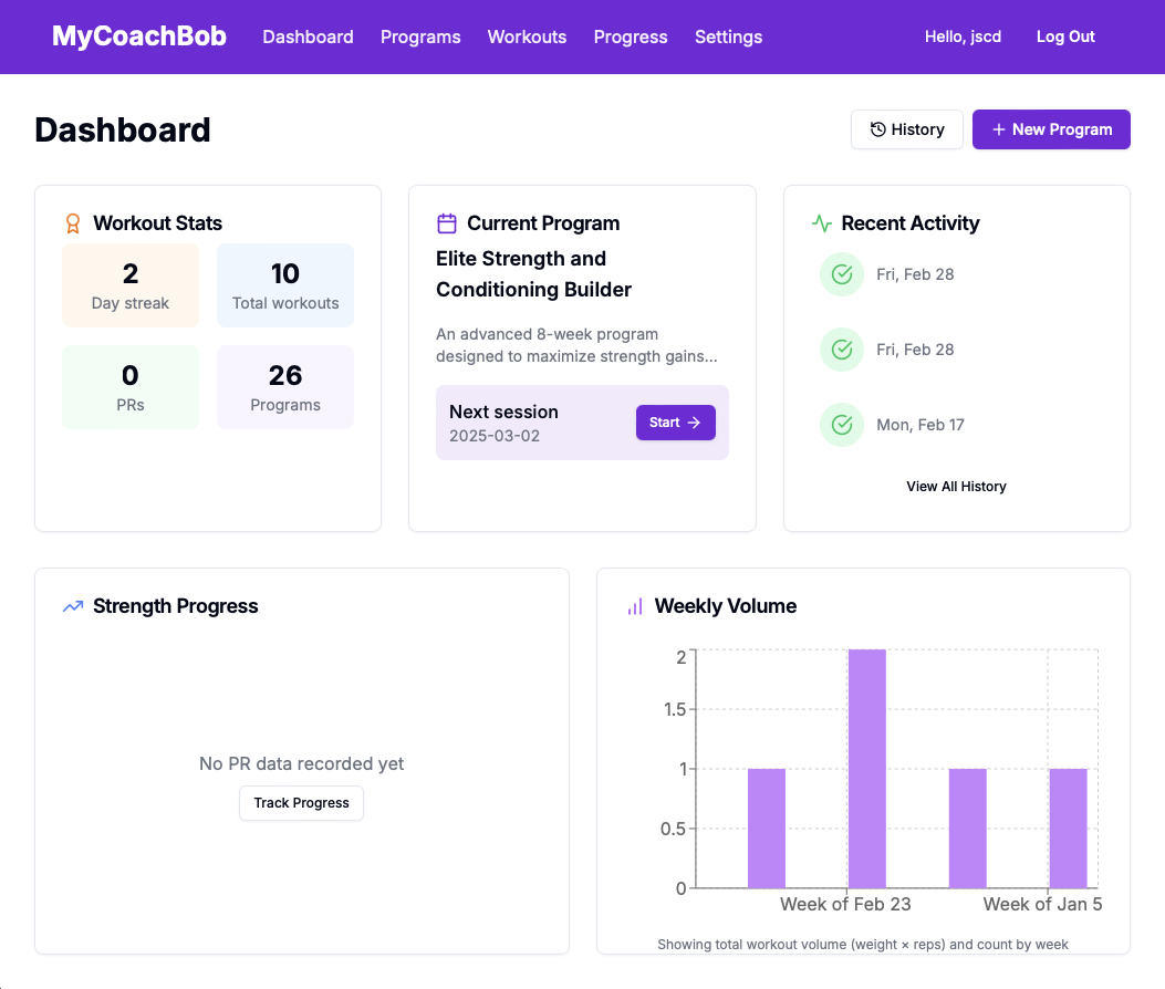 MyCoachBob app dashboard showing workout programming